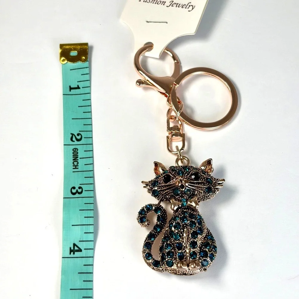 Whimsical Keychain Cat‎ Emerald Teal Rhinestone Gold Boho Bag Charm Gift Kitty
